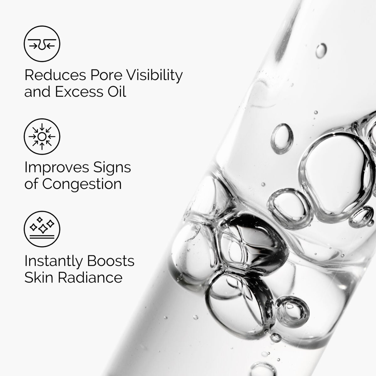 Graphic showing the instant radiance and minimized pore benefits of Niacinamide 10% + Zinc 1%